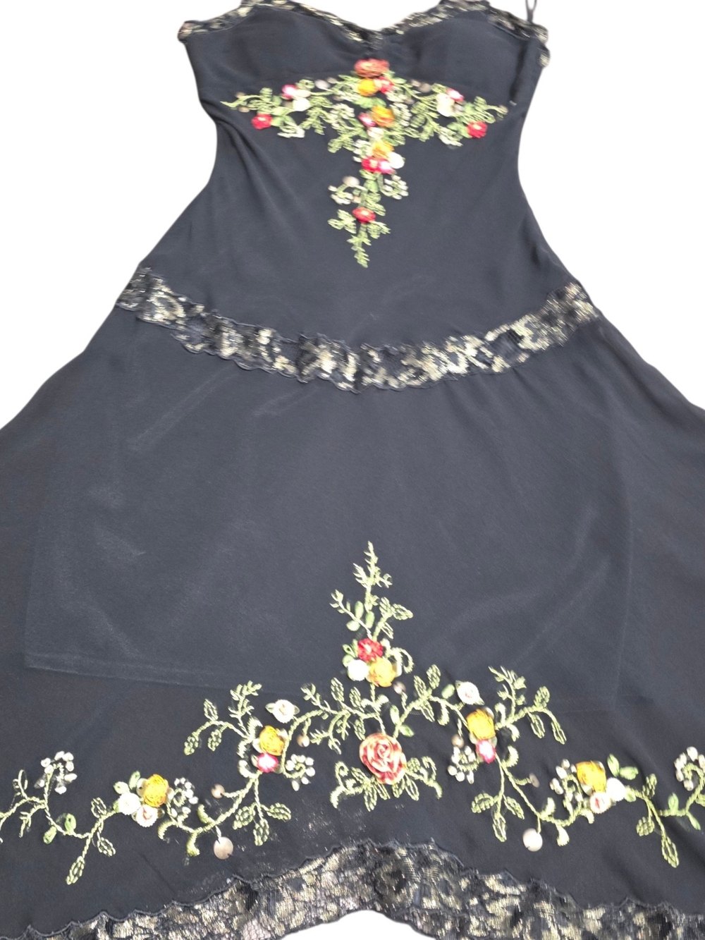 Cache Black Embroidered Floral Slip Dress Lace Handkerchief Hem Fairy Grunge 4 - Picture 8 of 13